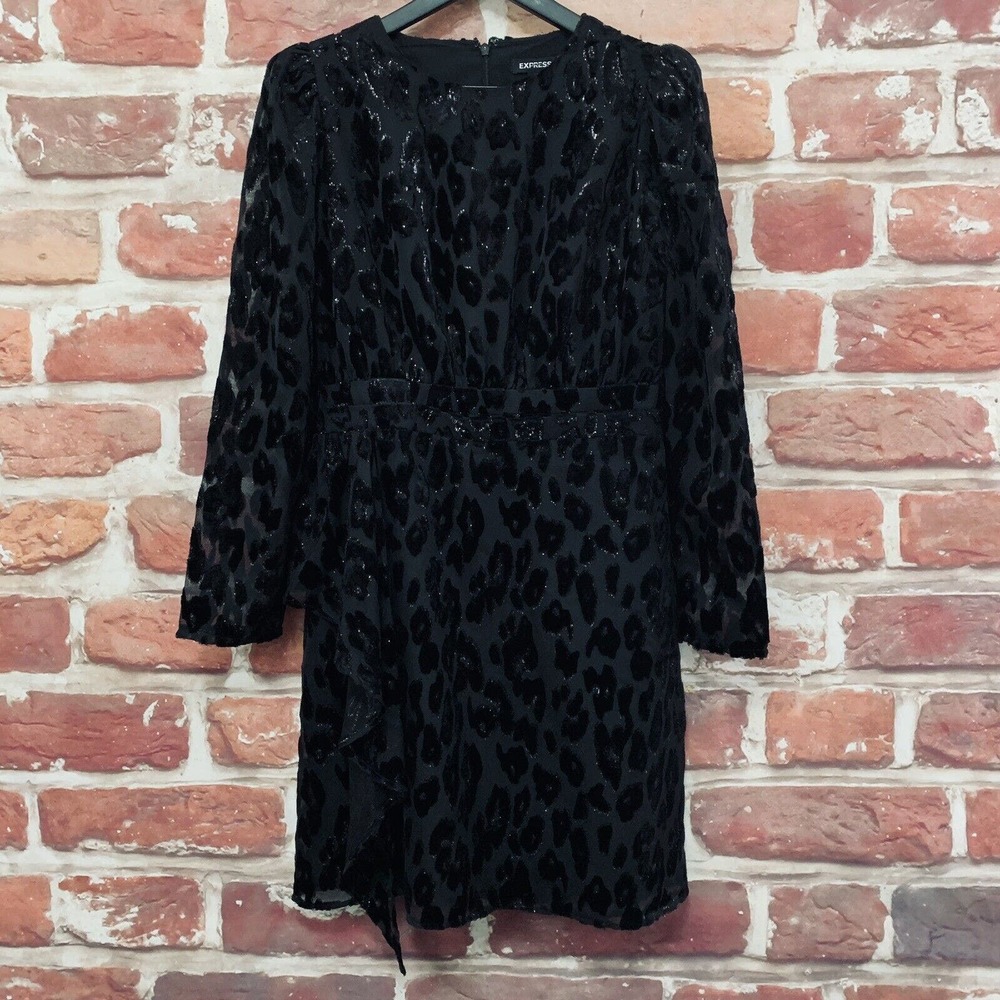 Express Dress Women's Small Black Burnout Velvet Leopard Animal Pattern Zip Up